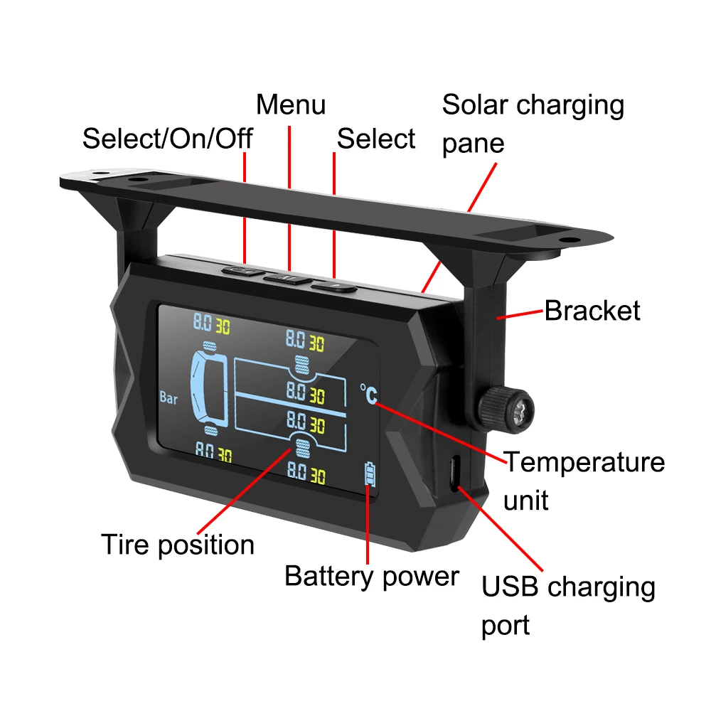 Wireless Solar with 6 External Sensors Car RV Truck TPMS Tire Pressure Monitoring System Digital LCD Alarm