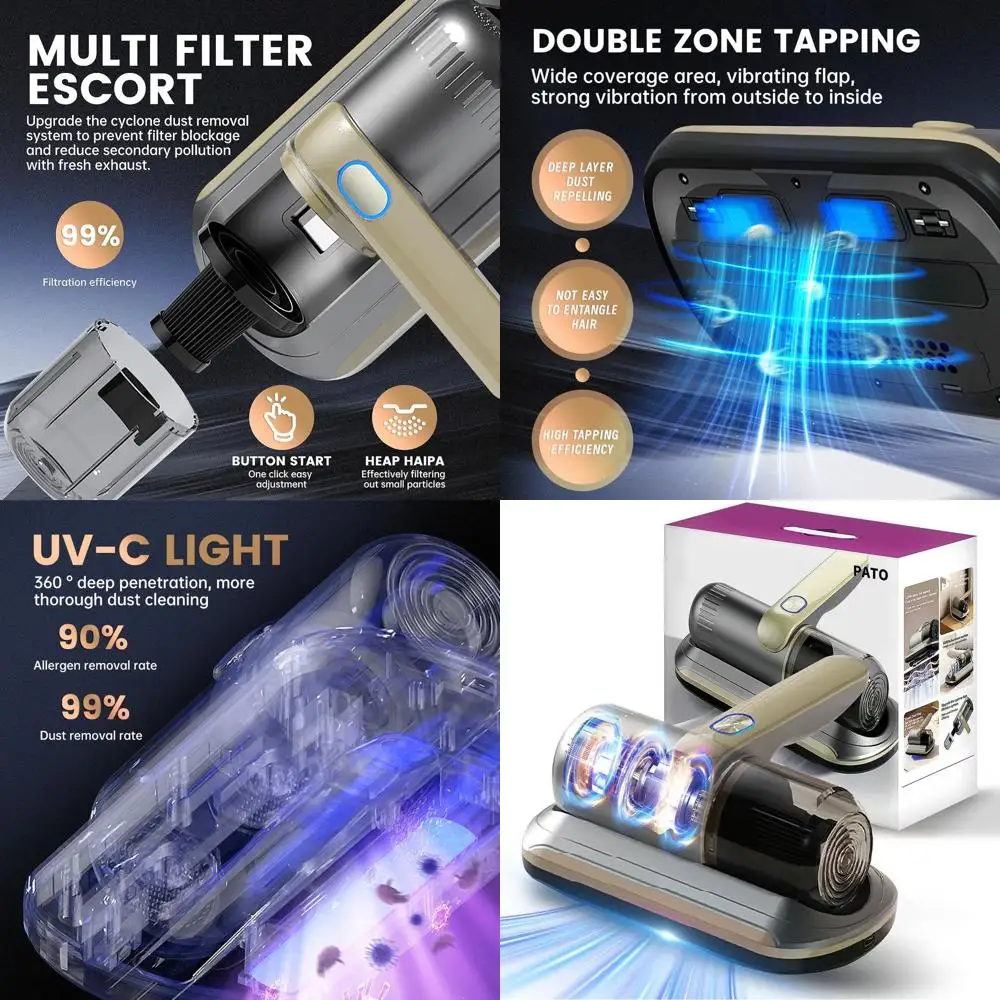 

Wireless Handheld Bed Vacuum with UV-C Light, HEPA Filter, Ultrasonic Vibration, 12KPa for Beds, Sofas, Cars, Carpets (Golden)