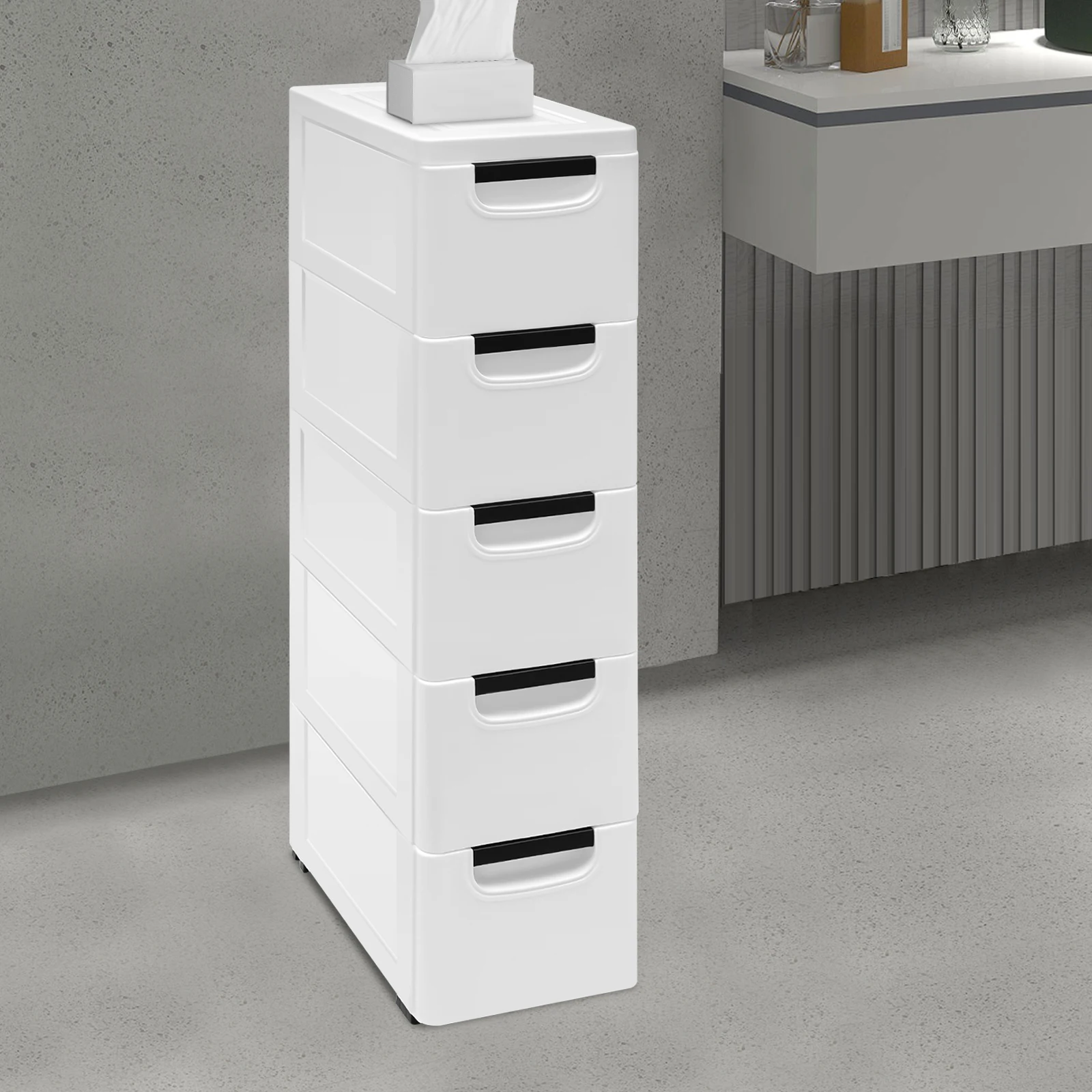 

5 Drawer Stackable Vertical Clothes Storage Tower with Four Wheels for Powder Rooms, Beauty Stores, Storing Clothes, Towels