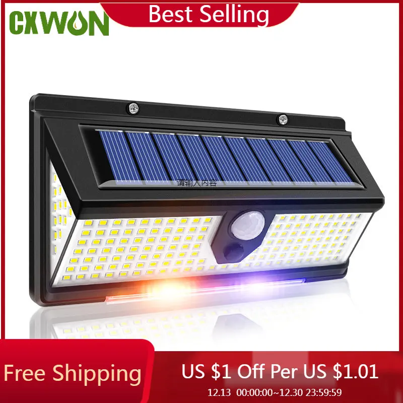 

Sun LED Light With Motion Sensor Outdoor Garden Solar Lamp 4 Modes Waterproof Safety Warning Red Blue Lines 190LED Wall Light