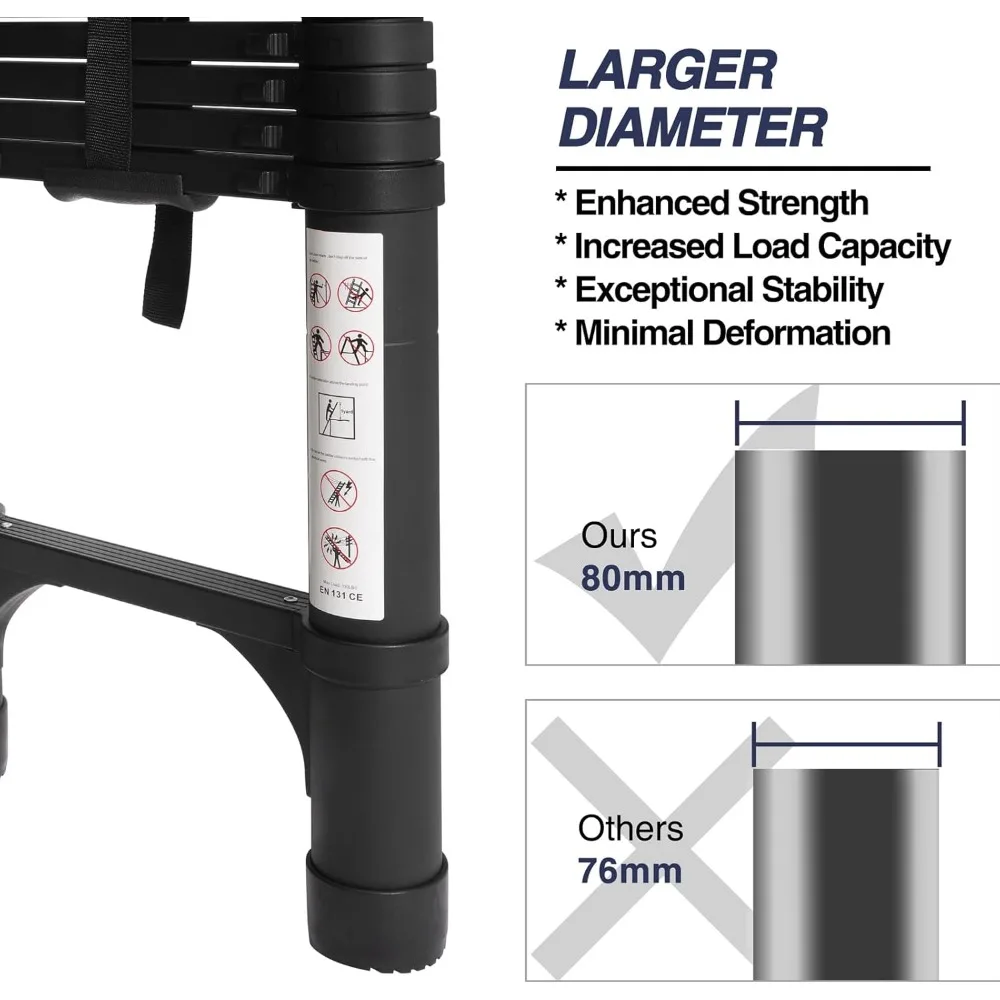 Escalera telescópica de aluminio de 14,5 pies de BOCOM, liviana y plegable para uso multiusos con estabilizadores triangulares duales a