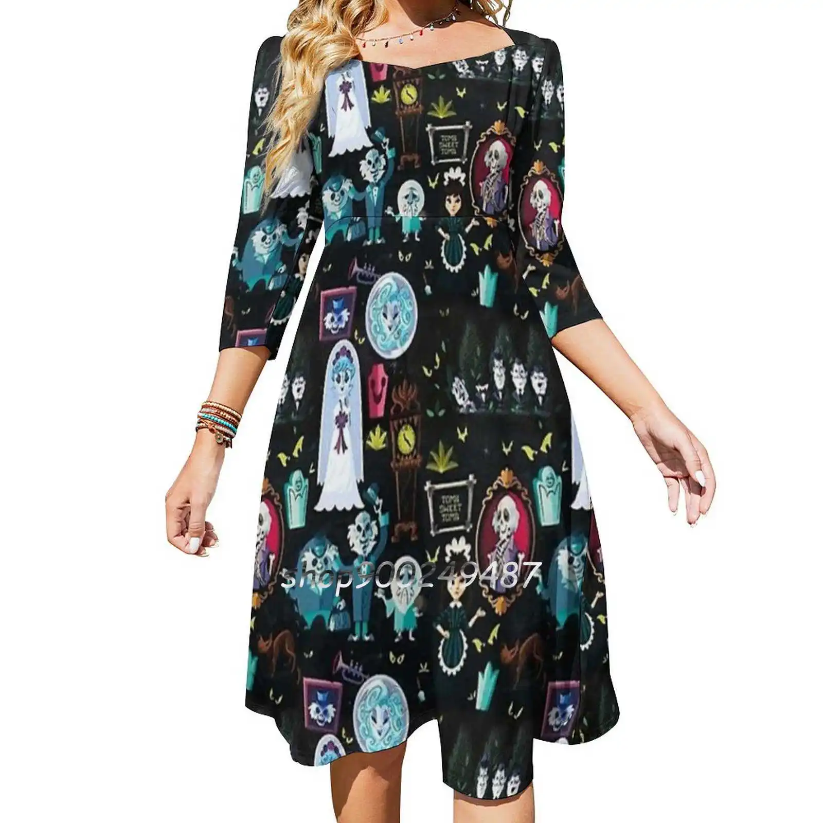 Pattern Square Neck Dress Cute Loose Print Dresses Elegant Beach Party Dress Haunted Mansion 999 Ghosts Land Haunted House