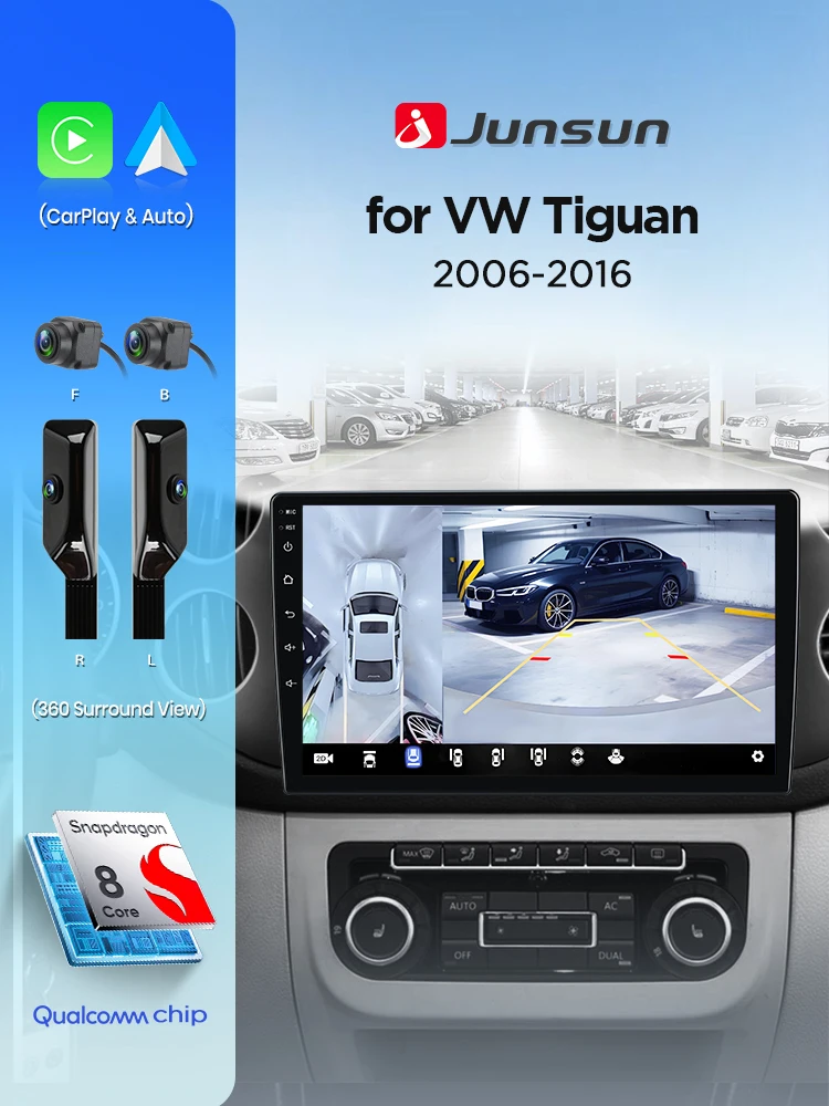 Junsun 360° °   Panoramakamera 8-Kern-Autoradio für VW Volkswagen Tiguan 1 NF 2006–2016, kabelloses CarPlay Android Auto Stereo GPS