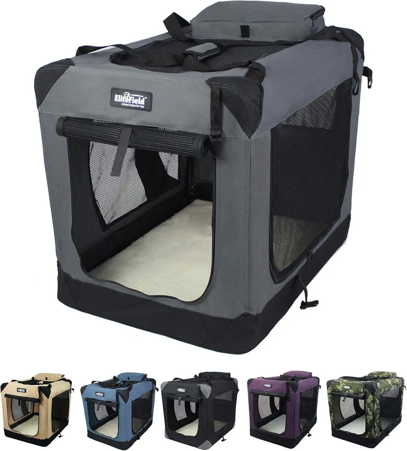 

3-Door Folding Dog Crate with Carry Bag & Fleece Bed, 30' L x 21' W x 24' H, Gray