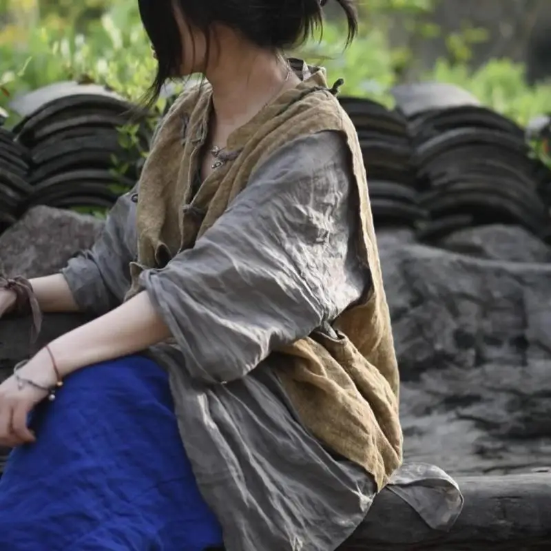 

Новое поступление, весенний художественный стиль, женские свободные пальто без рукавов, универсальный повседневный винтажный однобортный льняной жилет, высокое качество