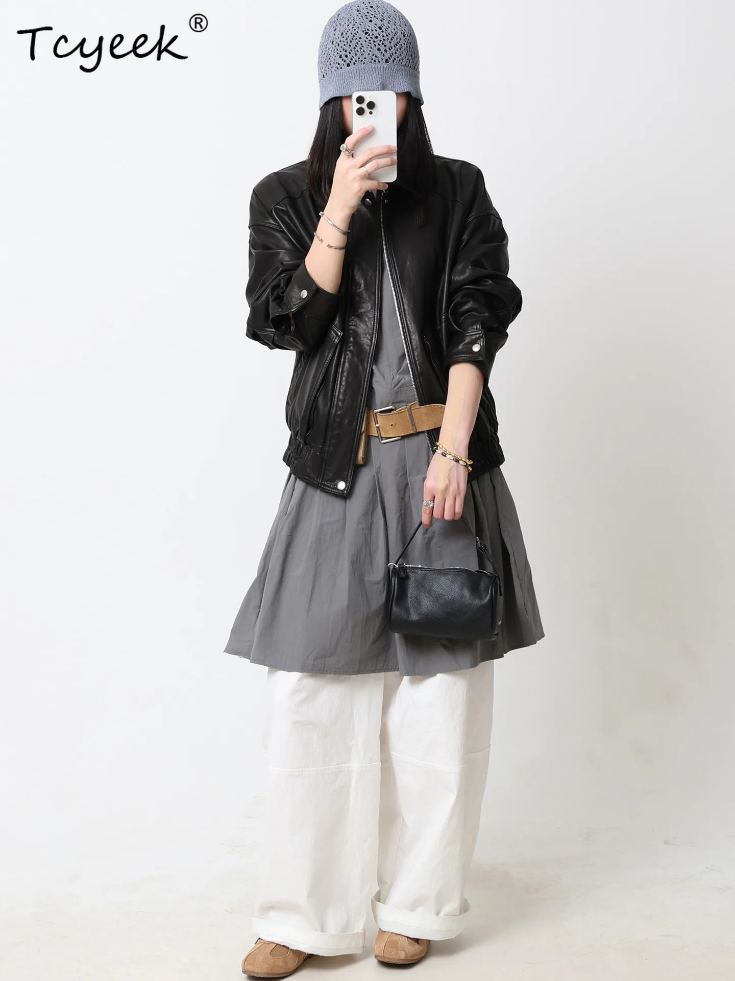 Tcyeek Real Leather Jacket Woman Vintage Sheepskin Motocycle Coat Women Autumn Clothes Vegetable Tanning Loose Дубленка Женская