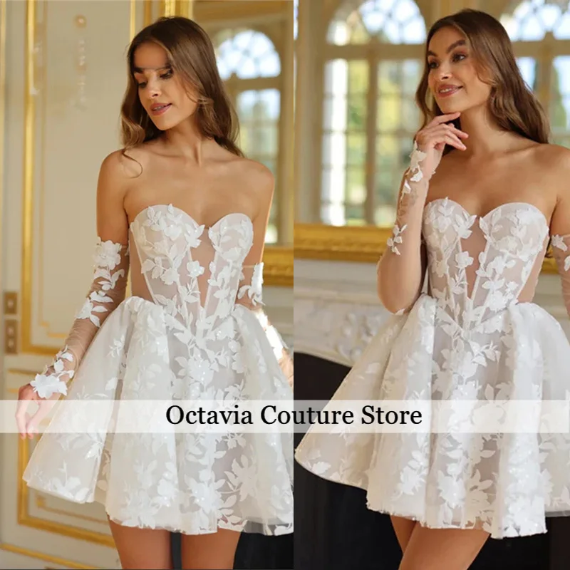 فستان زفاف مشد صغير مزين بالدانتيل وأكمام قابلة للانفصال فيستدوس دي نويفا بعد الحفلات على شكل حرف a مخصص #2