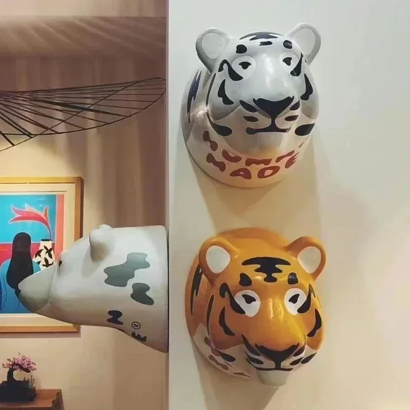 Humanmade Cartoon Tiger Head Wall Accents Sculptures & Figurines Interior Home Wall Decoration Christmas Accessories 2023