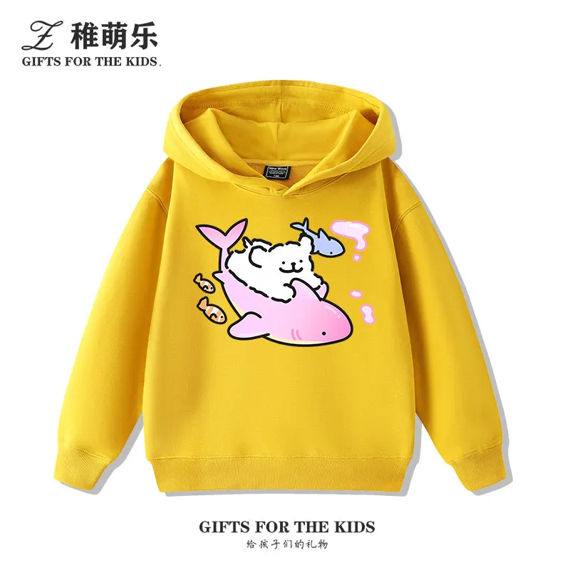 Garçons et filles océan tueur baleine dessin animé chiot imprimé sweat à capuche enfants automne et hiver mignon tout-match tenue décontracté