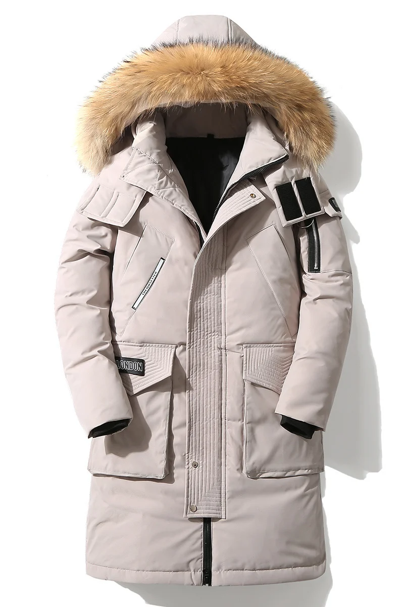 Chaqueta de plumas de pato para hombre, abrigo grueso con capucha y cuello de piel, Parka rompevientos, larga y cálida, de-30 grados, Invierno