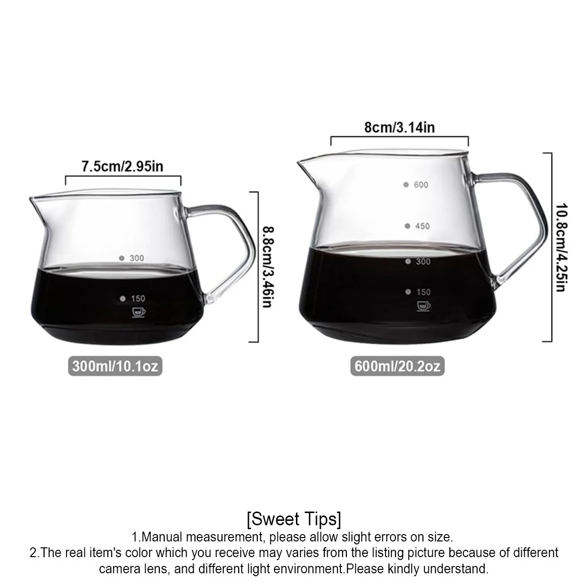 Glas-Kaffeeserver mit Griff für Pour-Over-Kaffee & Tee - 300ml/600ml, Mikrowellengeeignet, Hitzebeständiger Dickglas-Körper – Detail 1