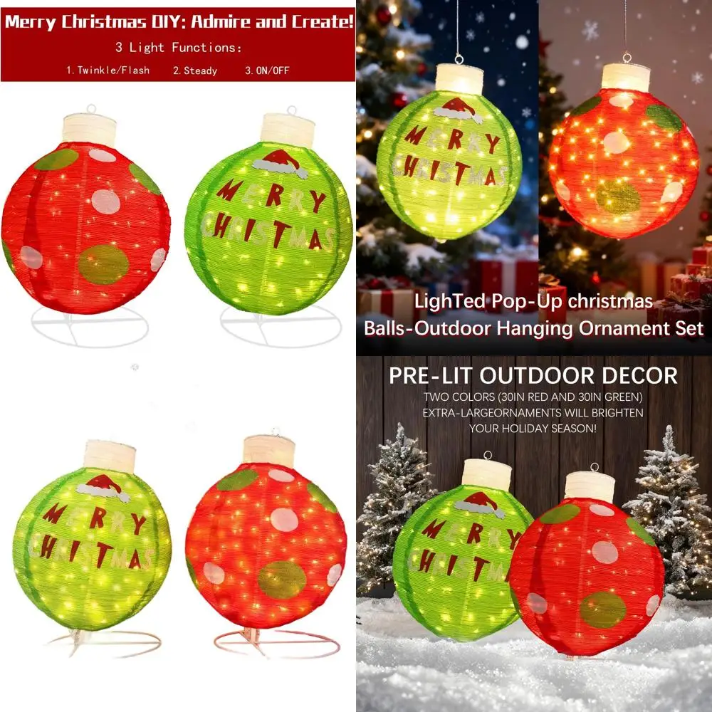 

Set of 2 30 Lighted Pop-Up Christmas Balls, 120 Lights, Red/Green, Outdoor Collapsible Giant Lantern Decorations for Home and Ya