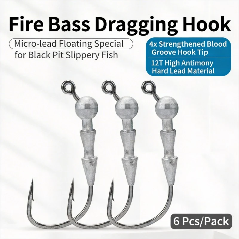 

6pcs Pack 4X Reinforced High Carbon Steel Fire Barbed Micro Lead Jig Heads Ultra Sharp Stinger Hooks Black Pit Freshwater Tackle