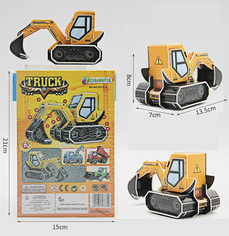 3D Cartoon Engineering Vehicle Cardboard Jigsaw Puzzle Excavator Truck Crane Paper Model for Kids Handmade DIY Toy Boys Gift