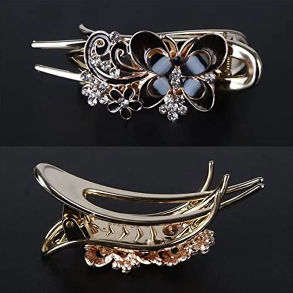 Korean Version Retro Crystal Flower Butterfly Hairpins Vintage Rhinestone Horizontal Clip Top Clips Elegant Mom Hair Accessories