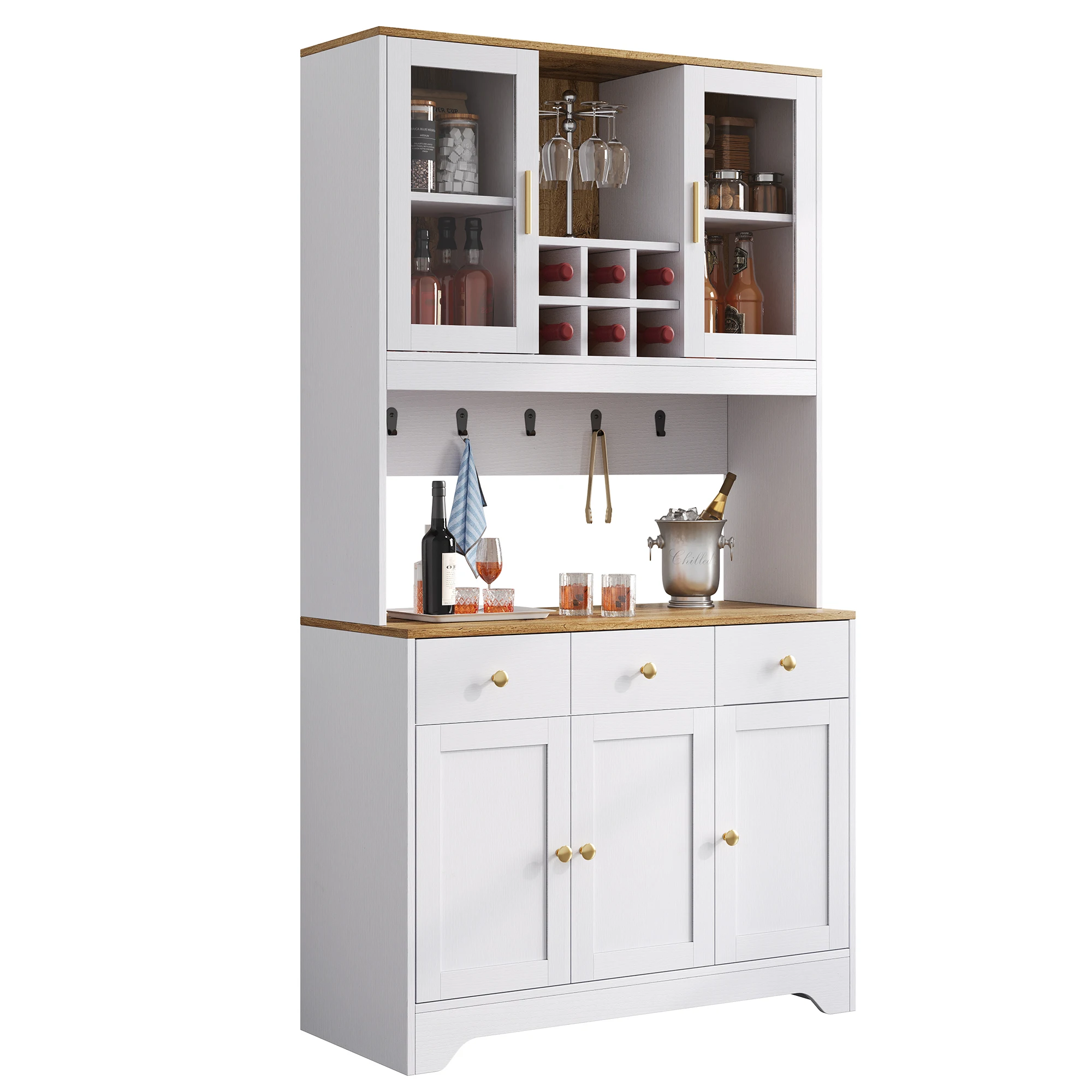 Buffet haut avec finition grain de bois blanc, 94,5 x 30 x 175,5 cm, 5 portes, 3 tiroirs, étagères ouvertes, vitrine avec portes en acrylique, charnières à fermeture amortie, rangement rustique pour salon et salle à manger