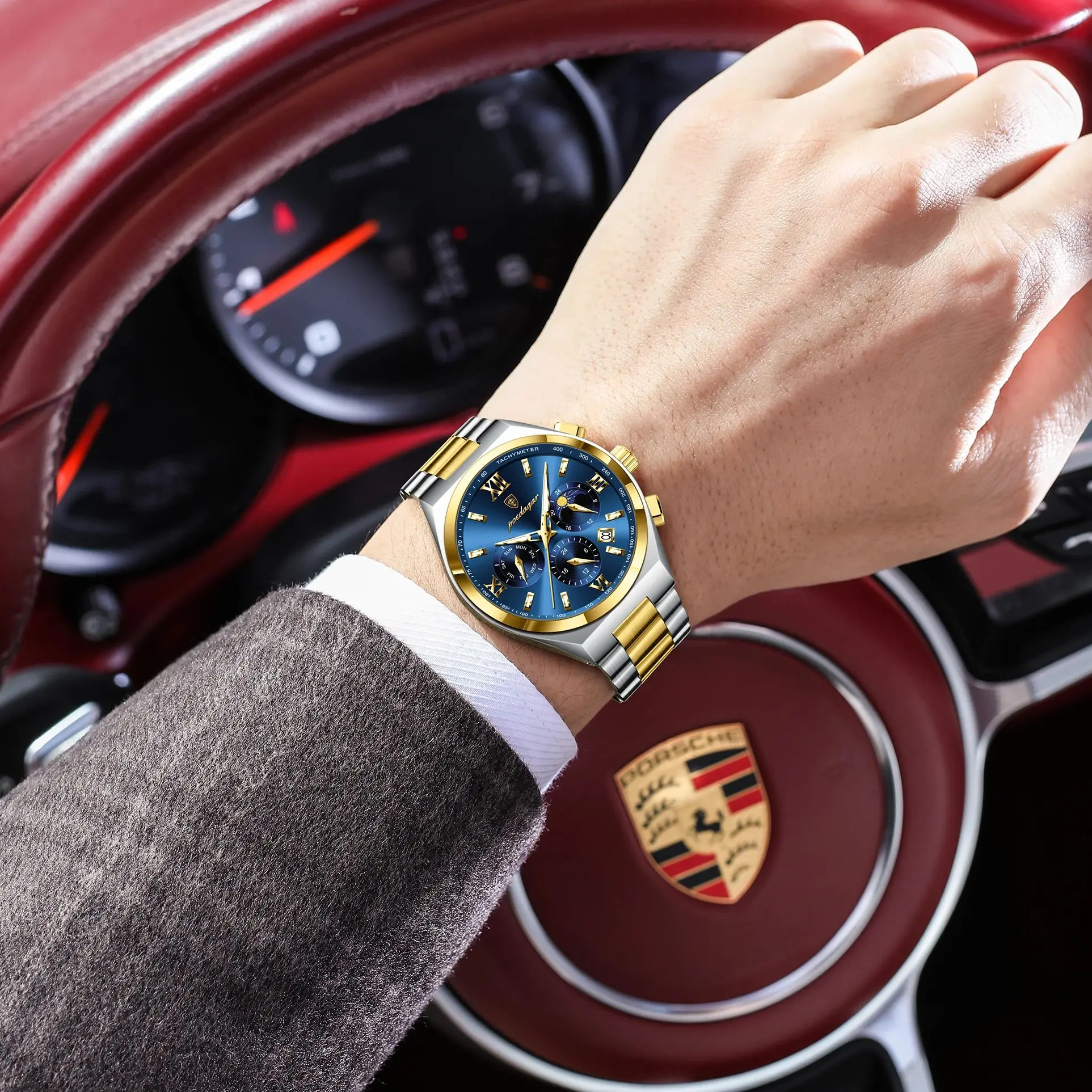 POEDAGAR高級スポーツメンズ腕時計オリジナル夜光曜日日付表示メンズステンレススチールクォーツ腕時計メンズ腕時計