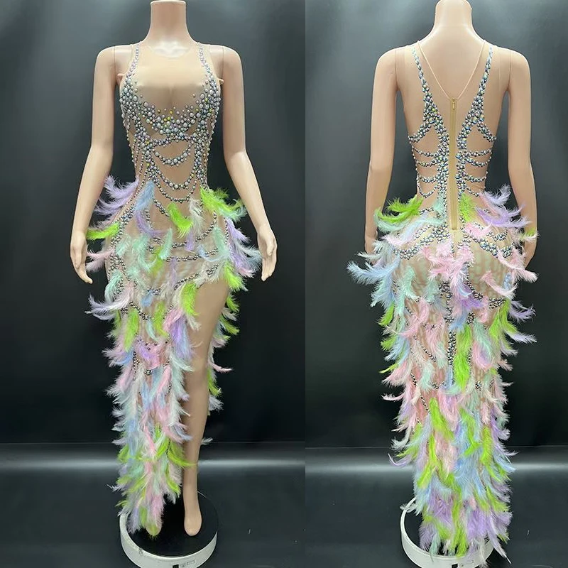 

Colorful Feather Pearls Evening Dress Women Party Prom Outfits Bar Nightclub Ds Dj Gogo Costumes Stage Festival Wear XS8721