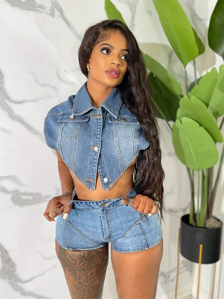 Stretchy Denim Suit Set Women Tight Summer Clothes Set Shorts and Blouse Woman 2piece Sexy Outfit Wholesale Dropshipping