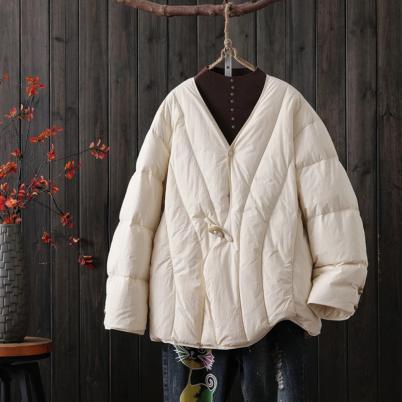 

Hand-Filled down Cotton Jacket Loose V-Neck Lightweight Warm Casual Style Polyester Fiber Winter Coat for plus Size Women