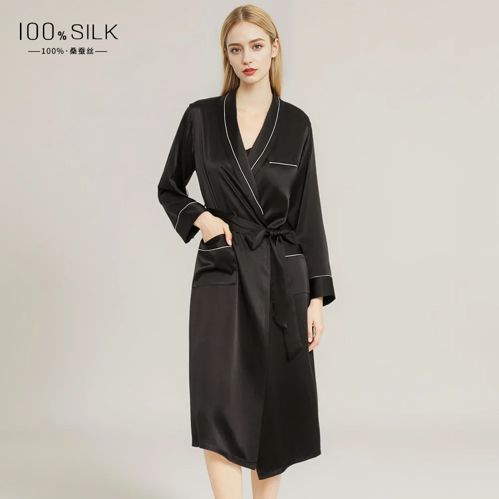 19MM Heavy Mulberry Silk Robe Dressing Gown Women Long Kimono Bathrobe Nightgown Loungewear Lace Up Shower Robes Homewear Pajama