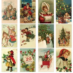 12Pcs Vintage Christmas Greeting Cards Different Festival Element Christmas Postcard No Marks Back Retro Xmas Cards Gift Happy