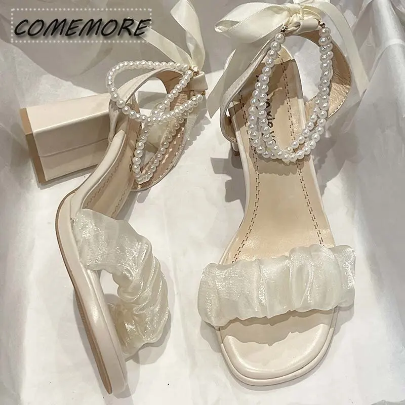 Clear Heels Party Sandals Woman 2023 Cross Buckle Strap Female Shoes Med Cross-Shoes High Girls Medium Fashion Summer Block Bow