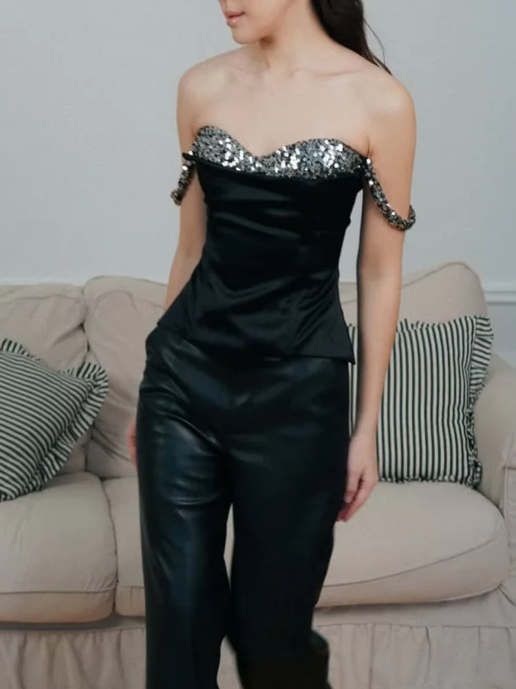 

Модный атласный топ на бретельках в стиле пэчворк с блестками, женский шикарный топ без рукавов с открытыми плечами и открытой спиной, укороченная блузка 2026 женские топы для ужина