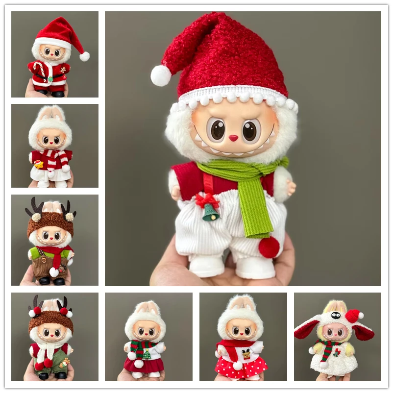 Vestiti per le bambole per il Buon Natale 15-17CM Labubu Abbigliamento Cappello Sciarpa Alce Pupazzo di neve Set Mini bambola di peluche Accessorio Abito di Capodanno Regalo