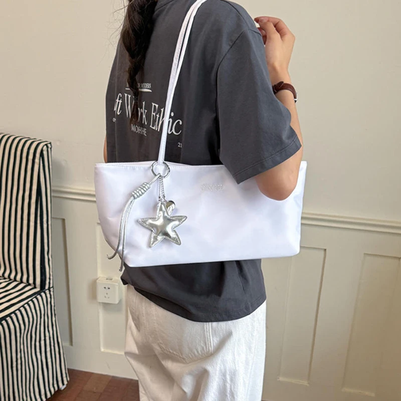 Kawaii Yellow Green Satin Shoulder Bag Ladies Silver Star Pendant Decor Long Handle Small Tote Purse Summer Daily Travel Handbag view 4