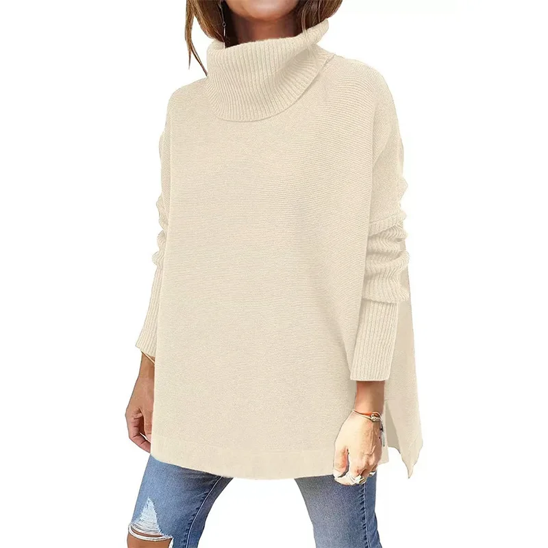 2024 Women's oversized turtleneck mid-length Batwing sleeve slit hem tunic pullover sweater