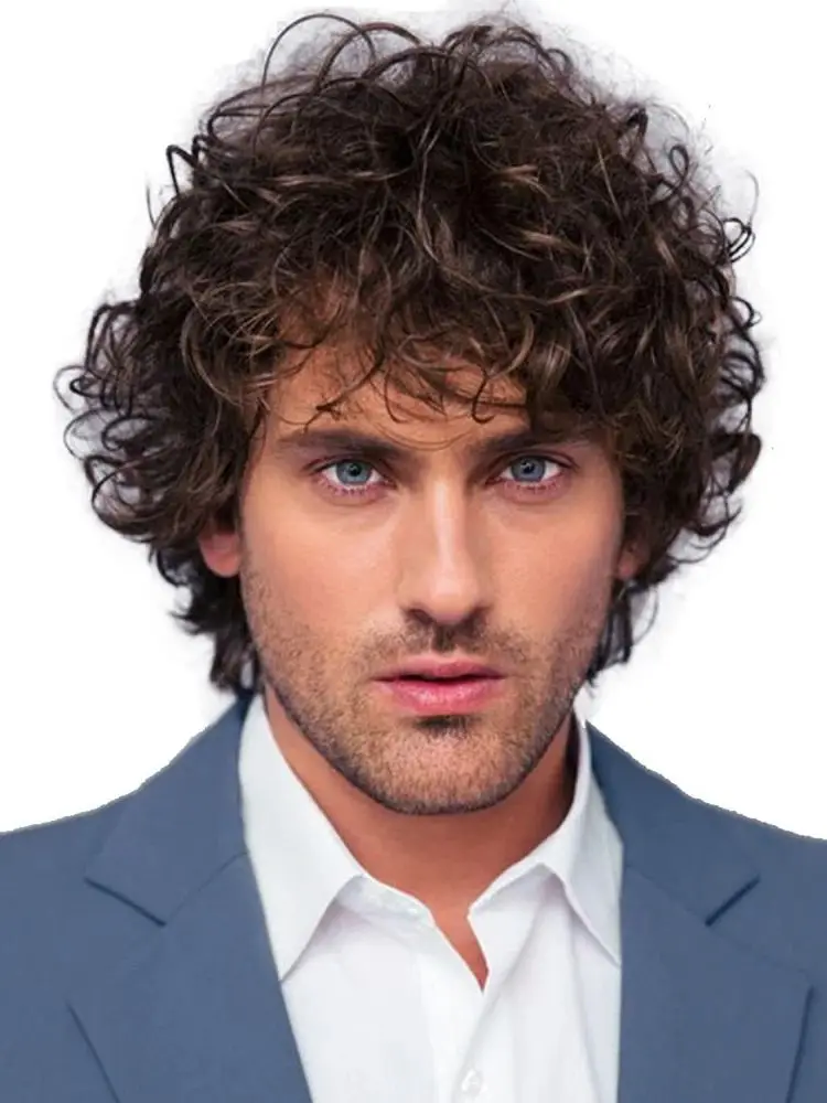 Perruque synthétique ondulée courte bouclée naturelle noire brune de 10 pouces pour hommes, perruques en Fiber résistante à la chaleur pour usage quotidien Halloween