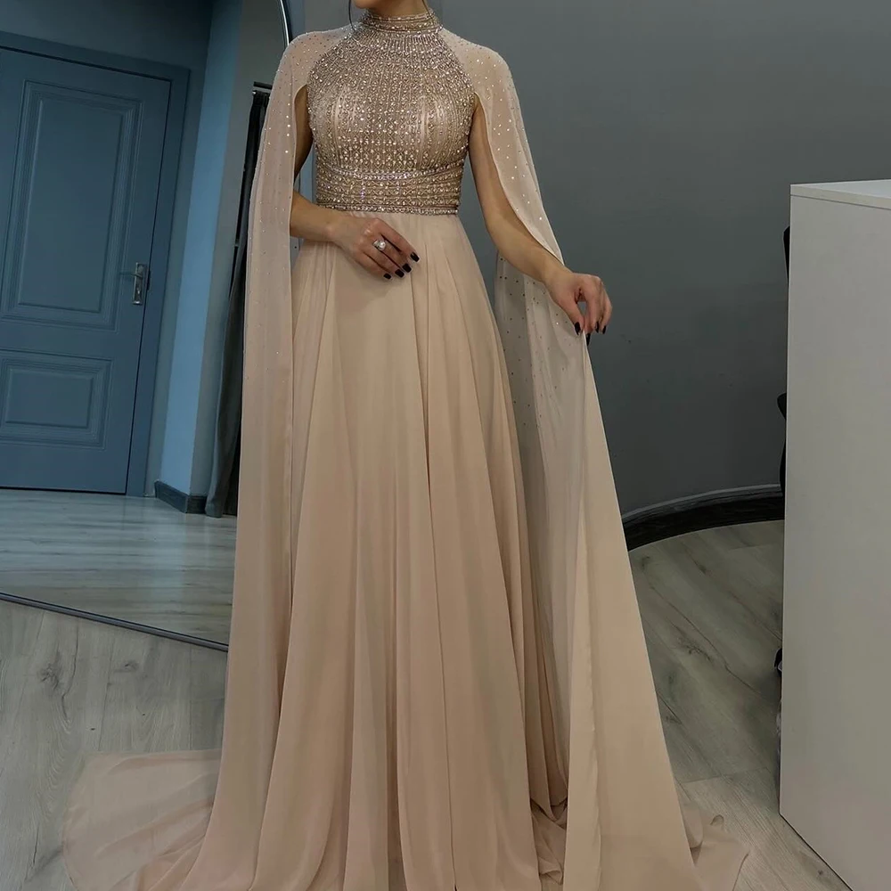 

Customized A-line Evening Dresses Floor-length High-neck Sleeveless Prom Gown Fashion Crystal Stole Simple Draped Party Gown
