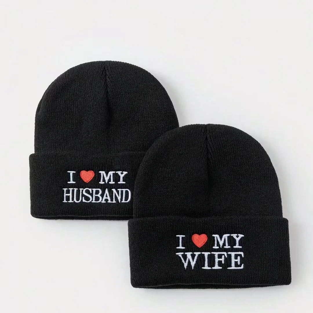 Heart I Love My Wife/Husband Embroidered Beanie Hat for Men Women Winter Warm Hats Funny Knitted Slouchy Stocking Hats Skull Cap