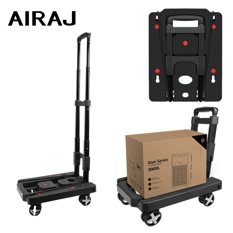 Airaj Opvouwbare Handwagen Lichtgewicht Dolly Opvouwbare Bagagekar Met 4 Draaibare Wielen, Utility Cart Met Verstelbaar Handvat