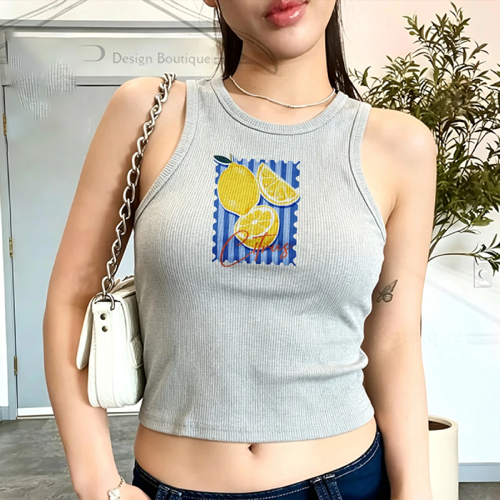 Blue Striped Background Citrus Lemon Slice Print Crop Camisole Indie Y2k Top Bodycon Ribbed Tank Top Female Sleeveless Cropped