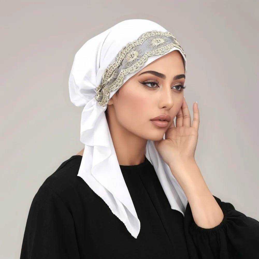 Fashion Elegant Instant Hijab Lace Embroidery Elastic Tie Back Inner Cap Golden Stripes Undercap for Women