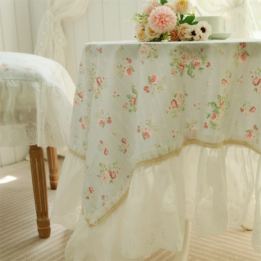 

Blue Bottom Rose Embroidered Lace Cotton Tablecloth Home Decoration Room Dining Table Desk Table Sofa Cover Cloth Tablecloth