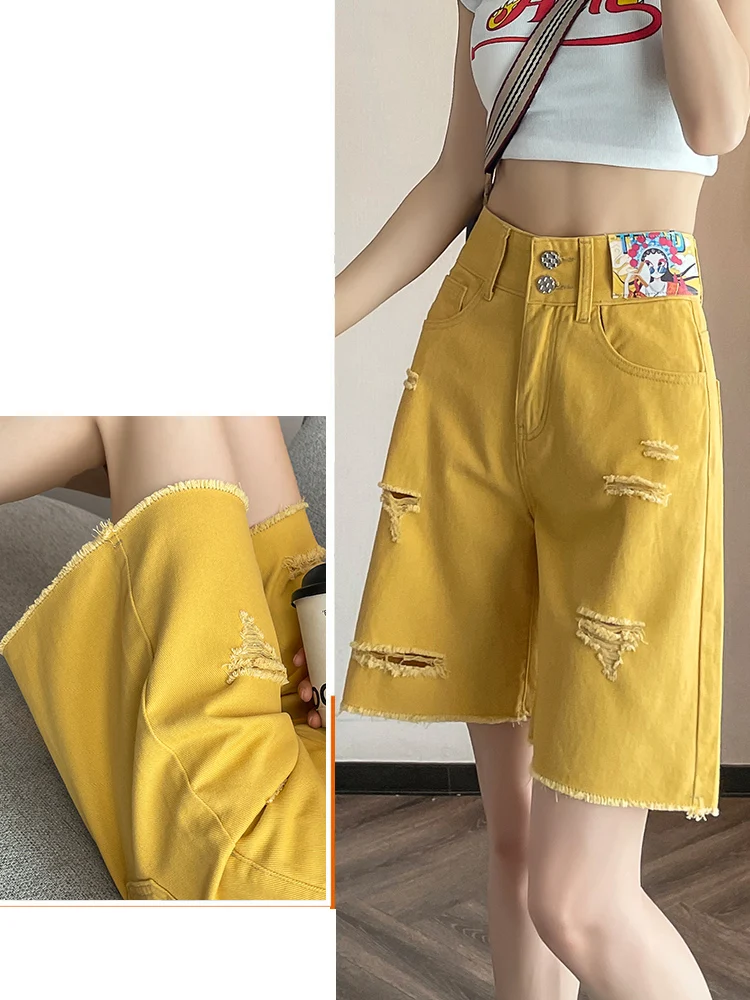 Jeans strappati super hot pantaloni da donna a gamba larga di media lunghezza estivi stile sottile nappa a vita alta pantaloncini gialli a 5 punti