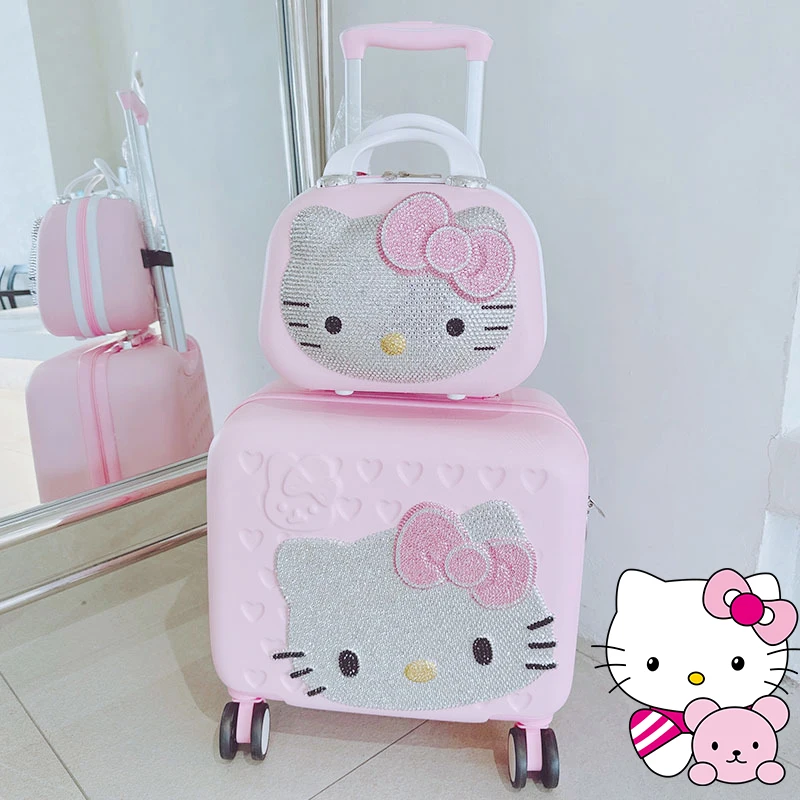 Sanrioed Hello Kitty 14 16 Inch Trolley Case Anime Kawaii Kt 12 Inches Mother and Child Suitcase Paste Diamonds Pink with Lock