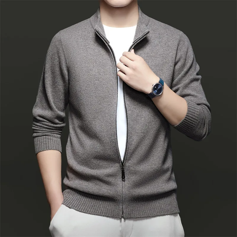 ٪ ميرينو الصوف الرجال سترة طويلة الأكمام سترة صوف الخريف الشتاء جديد الوقوف طوق بلون سترة ملابس خارجية سميكة