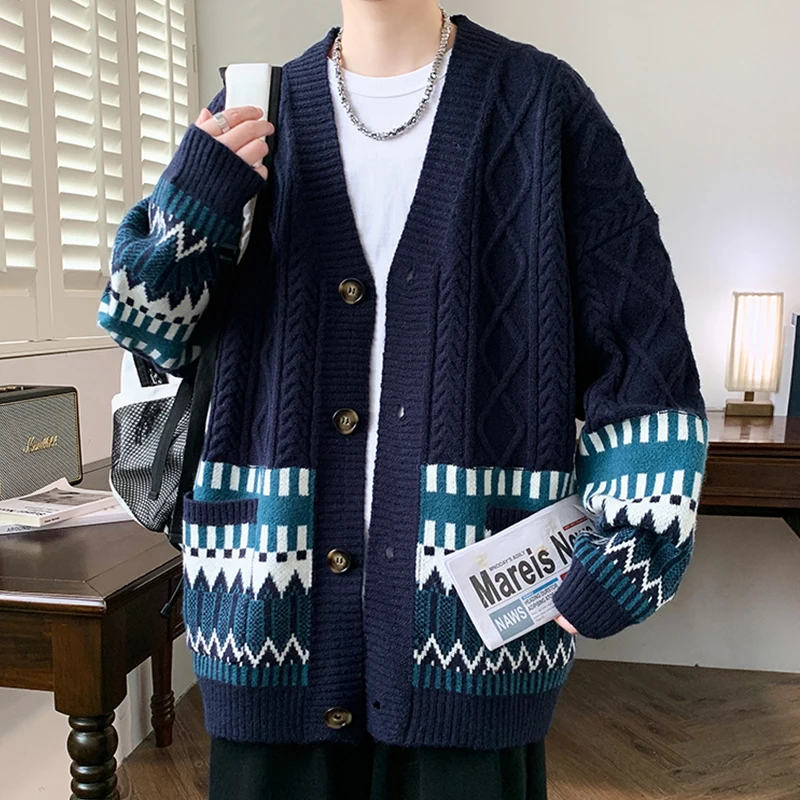 2025 Spring and Autumn New Khaki Black Knitted Cardigan Jacket V-neck Patchwork Casual Loose Dark Gray White Navy Blue Cardigan