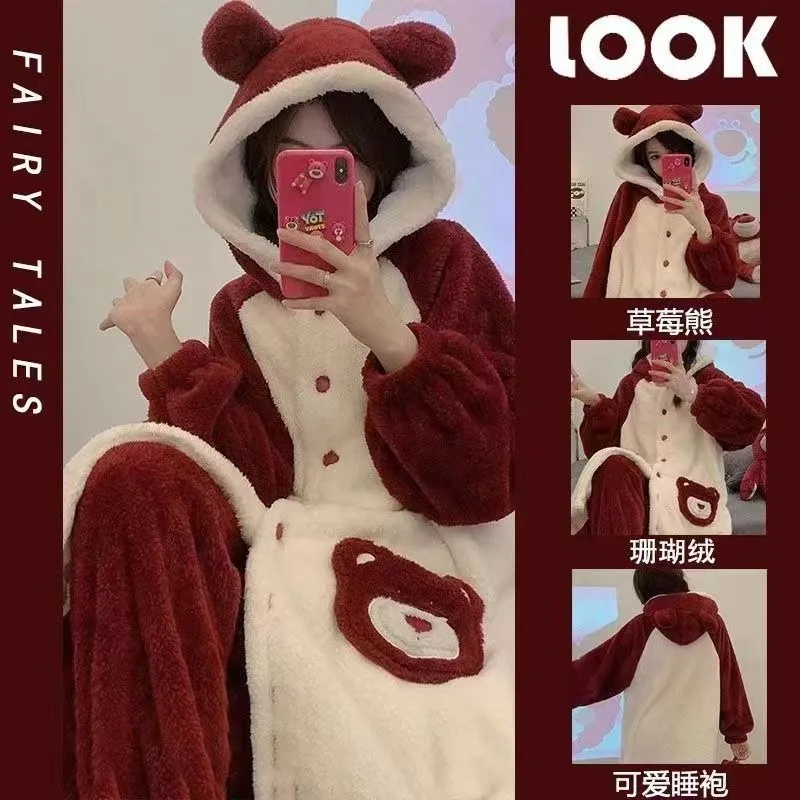 Hello Kitty Kuromi ma chemise de nuit mélodie pyjama à capuche en velours corail pour femmes hiver plus velours épaissi chaud ensemble de vêtements de maison