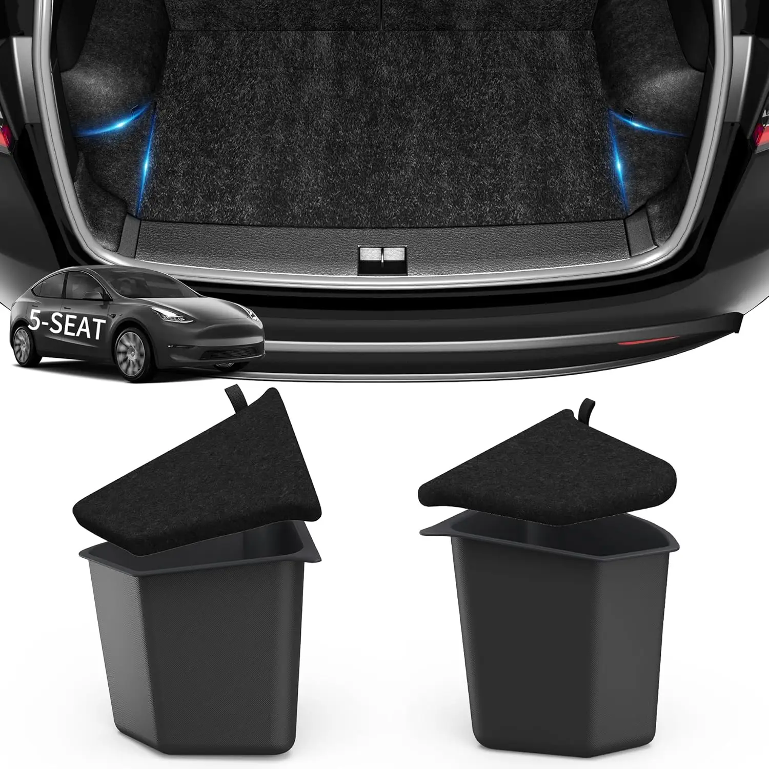 Für Tesla Model Y 2020-2024 Kofferraum-Seitenablagebox TPE Wasserdichter Organizer mit Deckel Laderaum-Organizer Hinten Links Rechts Ablagefach 2 Stück