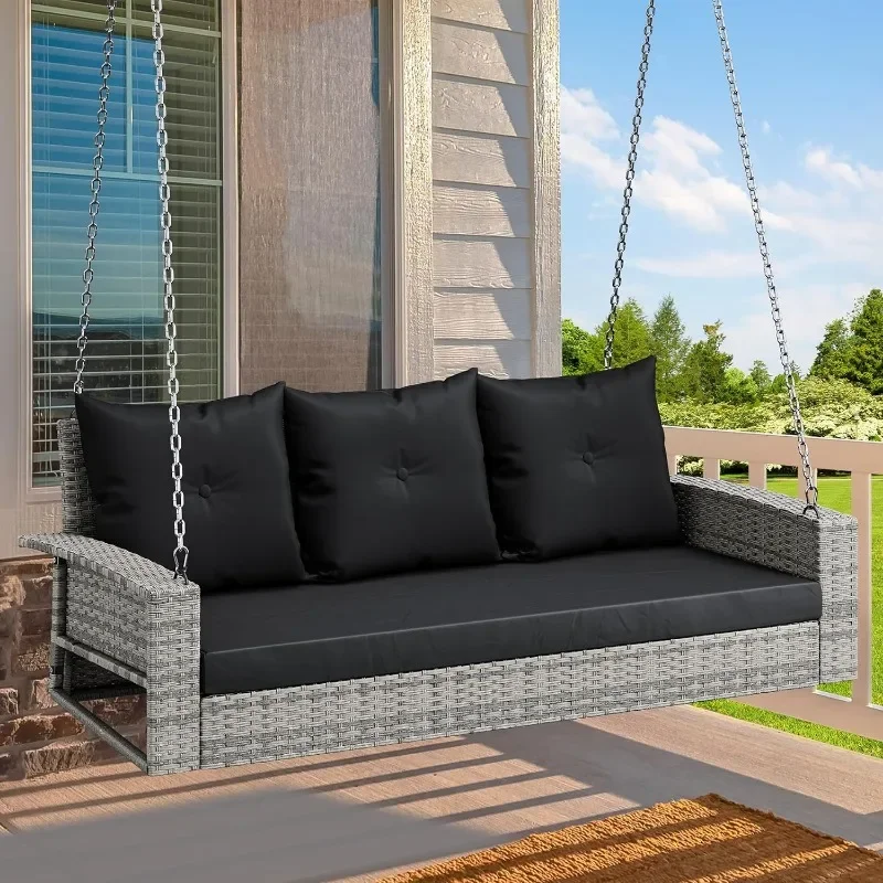 3-Seats Hanging Porch Swing Chair Outdoor Black Rattan Patio Swing Wicker Swing Lounge 3 Back Cushions Capacity