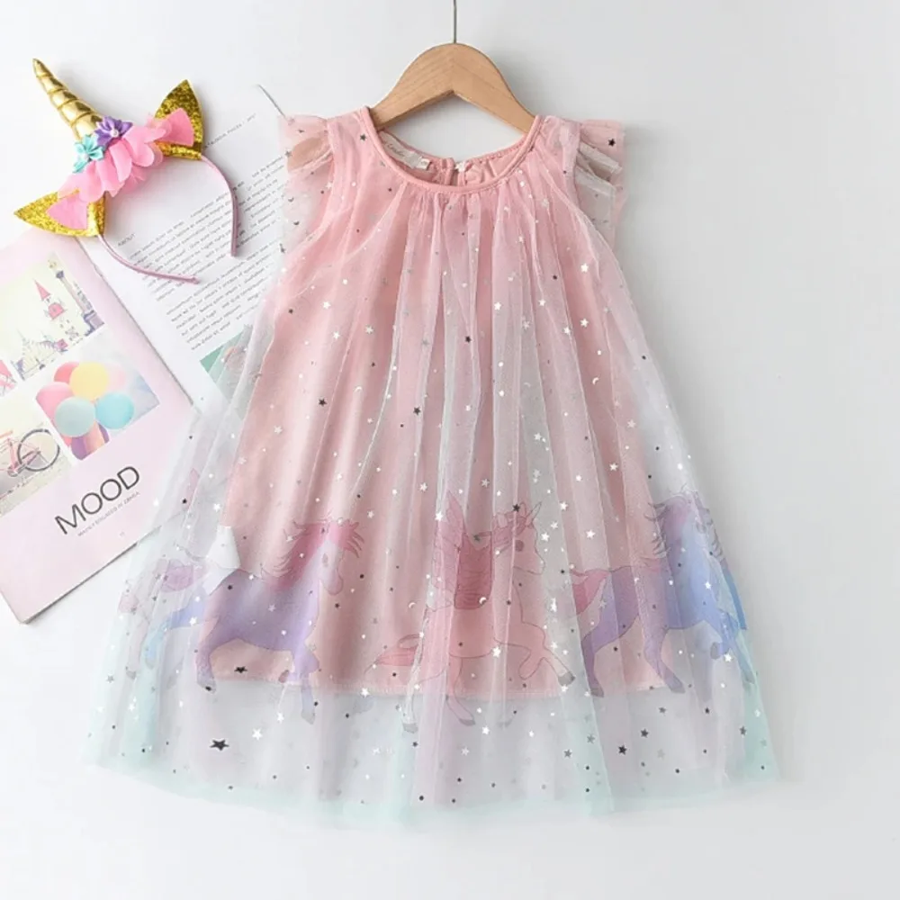 Summer Pink Sweet and Cute Flying Sleeve Mesh Sequin Princess Dress Cute Cartoon Unicorn Print Dress for Girls Casual Clothes
