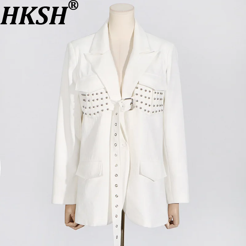 

Женский шикарный блейзер HKSH с заклепками и шнуровкой, длинными рукавами, отложным воротником, элегантный модный люксовый жакет, новинка весны HK19932