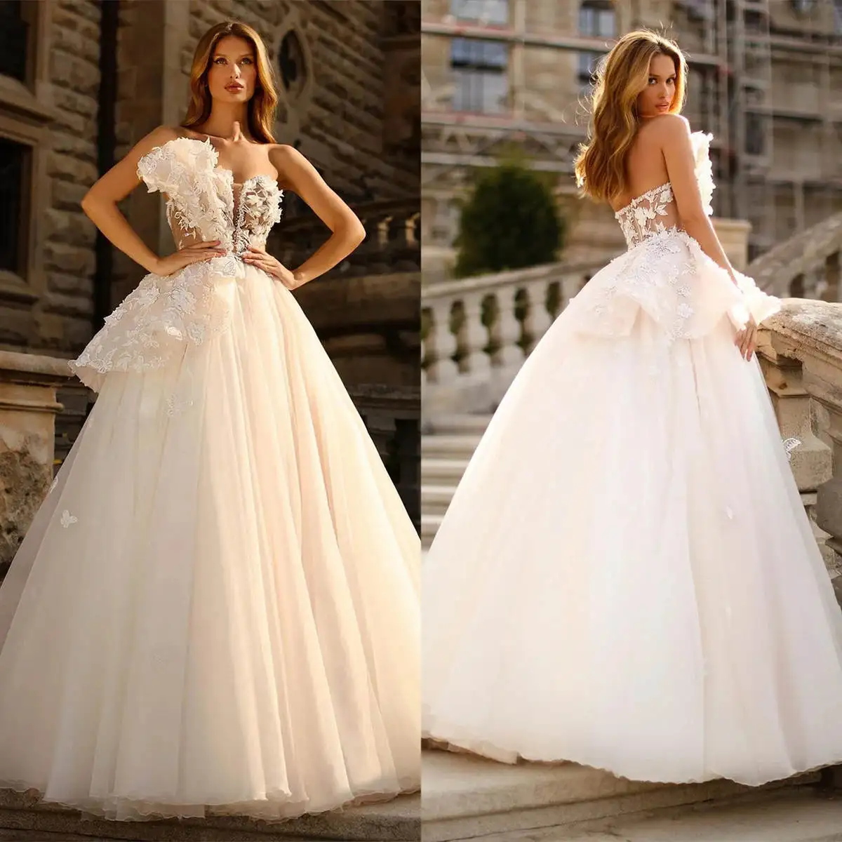 

Gorgeous Ball Gown Wedding Dresses 3D Appliques Tulle Lace Design Backless Strapless Court Gown Bridal Customized Robe De Mariée