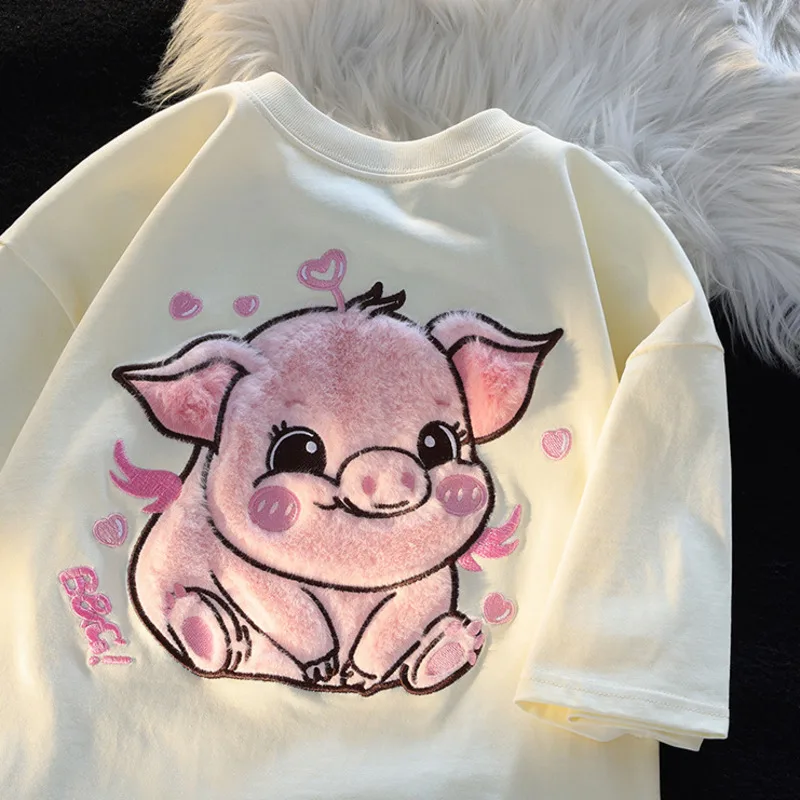 Adorable Pink Pig Plush Embroidery Short Sleeve Women\'s T-Shirt Teen Girls Cute Plush Flocking Kawaii Tee Shirt Preppy Clothes