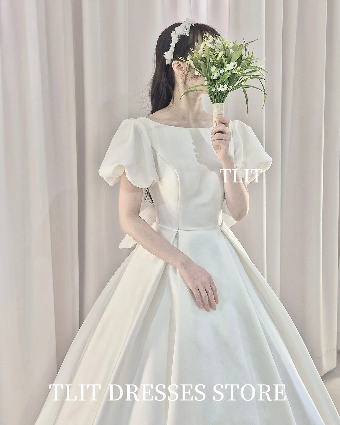 TLIT prosta biała suknia wieczorowa-line Korea suknie ślubne sesja zdjęciowa dostosowane O-Neck bufiaste rękawy suknie na bal maturalny wysoki podział